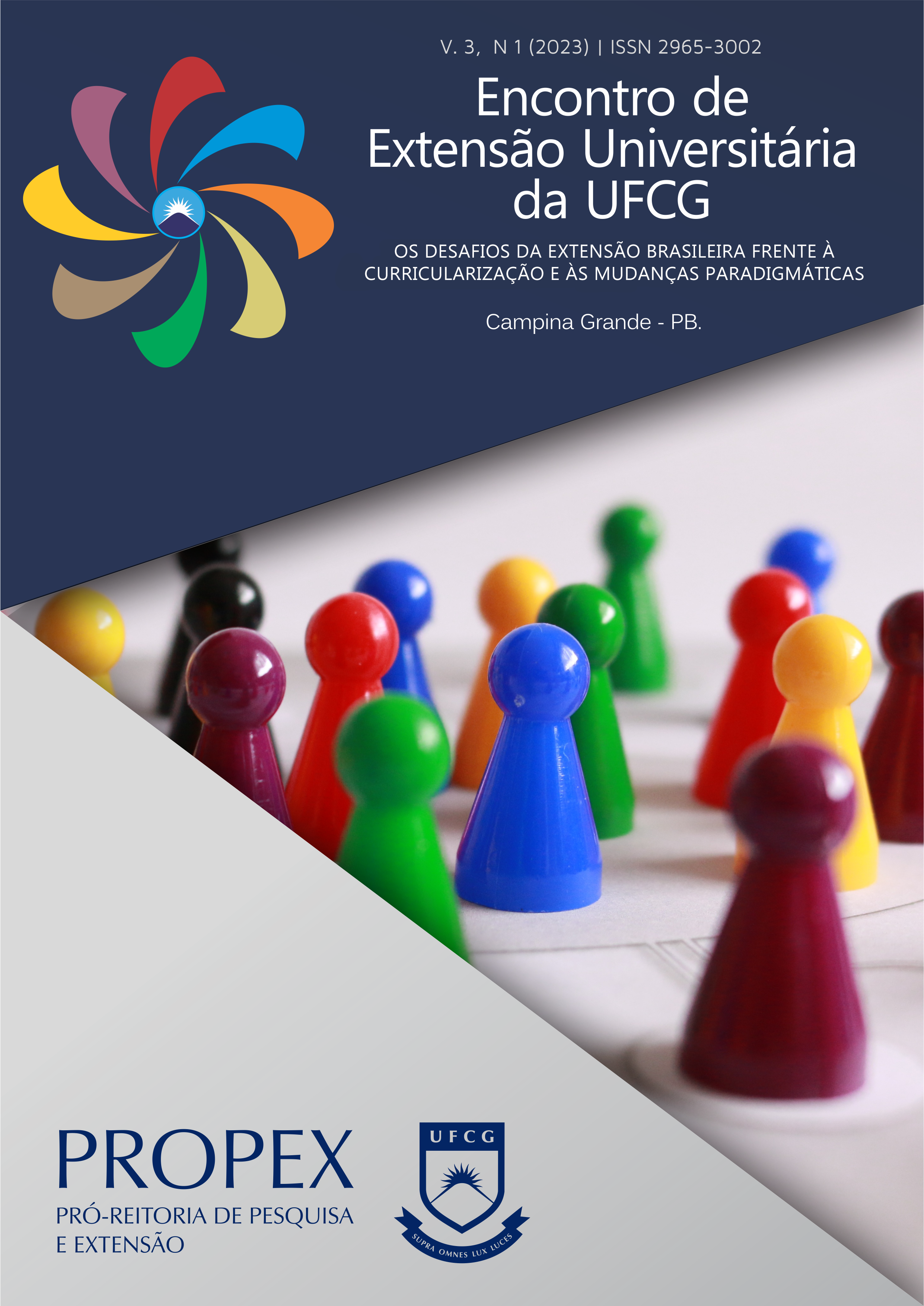 A capa apresenta o logotipo do Encontro de Extensão Universitária no seu topo. Uma imagem com peões de jogos em diversas cores em seu centro e o logotipo da UFCG e da PROPEX em sua parte inferior.